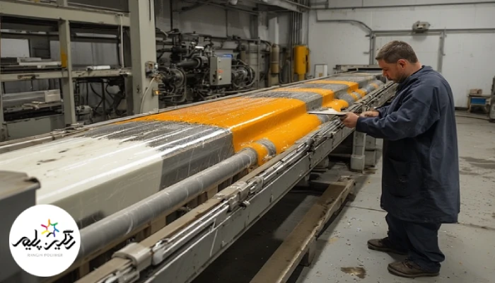 خط تولید پلاستیک با اکسترودر و فیدر، اپراتور در حال اضافه کردن مستربچ‌های پوششی و رنگی به پلیمر پایه