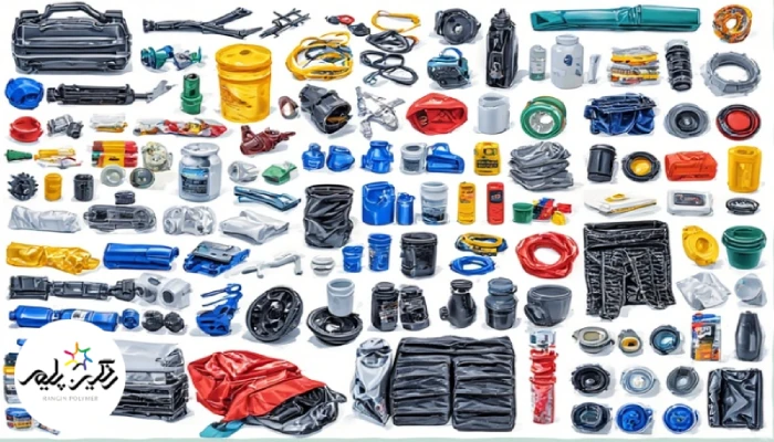 محصولات پلاستیکی شامل قطعات خودرو، بسته‌بندی و پروفیل ساختمانی که نشان‌دهنده رنگ یکنواخت، پوشش کامل و افکت متالیک هستند