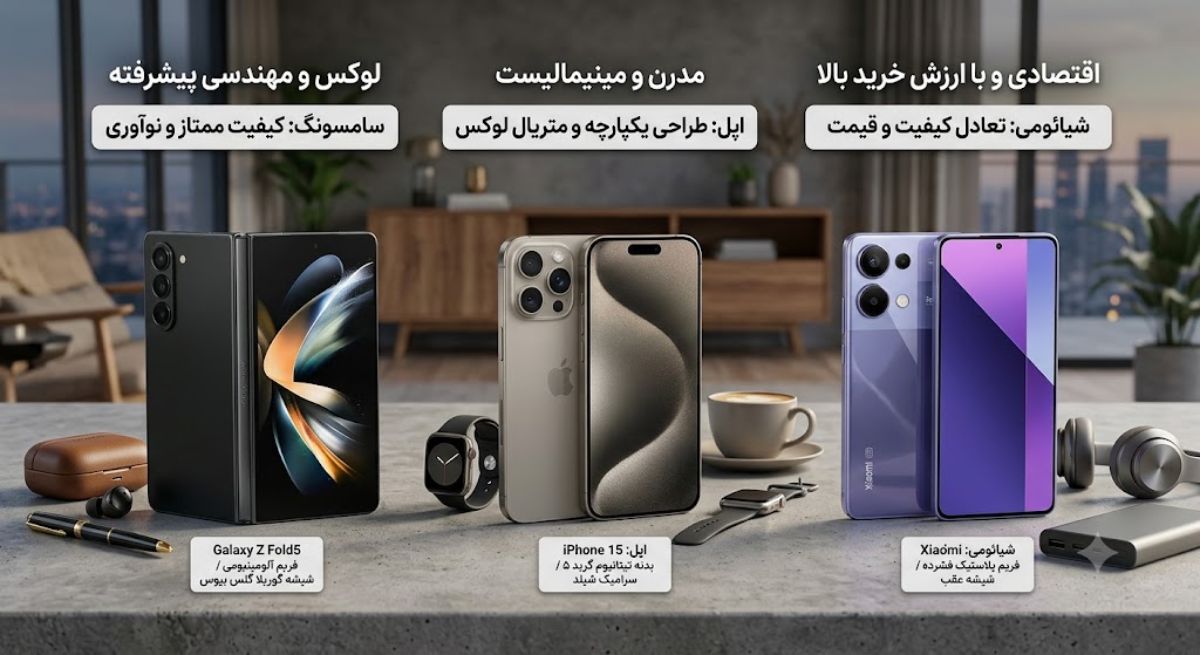 نبرد غول ها ⚔️ مقایسه همه جانبه گوشی های شیائومی، سامسونگ و اپل در سال ۲۰۲۶ طراحی و کیفیت ساخت