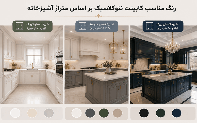 بهترین رنگ کابینت نئوکلاسیک ۱۴۰۵ + جدول ترندهای امسال رنگ مناسب کابینت نئوکلاسیک بر اساس متراژ آشپزخانه