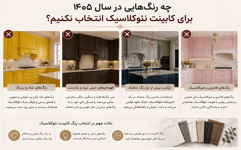 بهترین رنگ کابینت نئوکلاسیک ۱۴۰۵ + جدول ترندهای امسال چه رنگهایی در سال ۱۴۰۵ برای کابینت خود انتخاب نکنیم؟