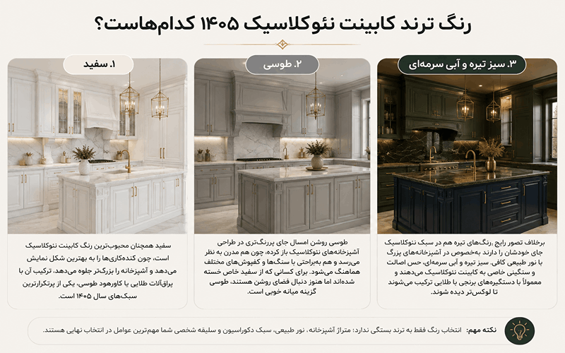 بهترین رنگ کابینت نئوکلاسیک ۱۴۰۵ + جدول ترندهای امسال پرطرفدارترین رنگهای کابینت نئوکلاسیک ۱۴۰۵