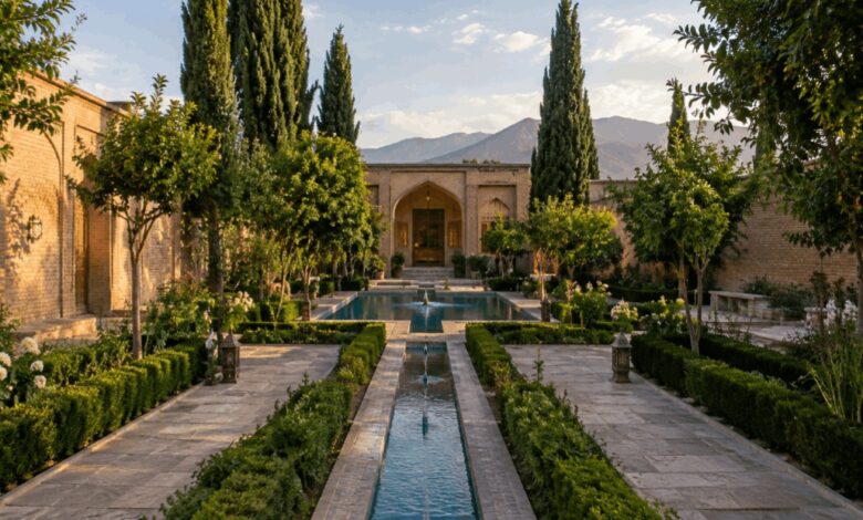 محوطه سازی باغ سنتی | اصول طراحی اصیل ایرانی، انتخاب گیاهان و مدیریت هزینهها تصویری از محوطه سازی باغ سنتی با درختان متنوع و جوی آبی در وسط محوطه روان است.